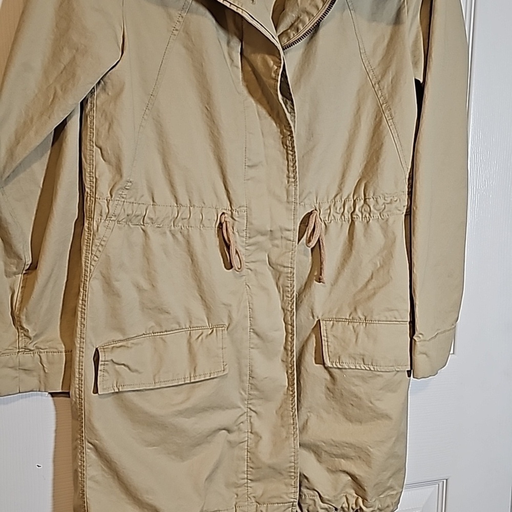 Love Tree Beige Cinched Trench Coat Jacket Zip Button Hood Pockets Cotton Size S - Picture 3 of 10
